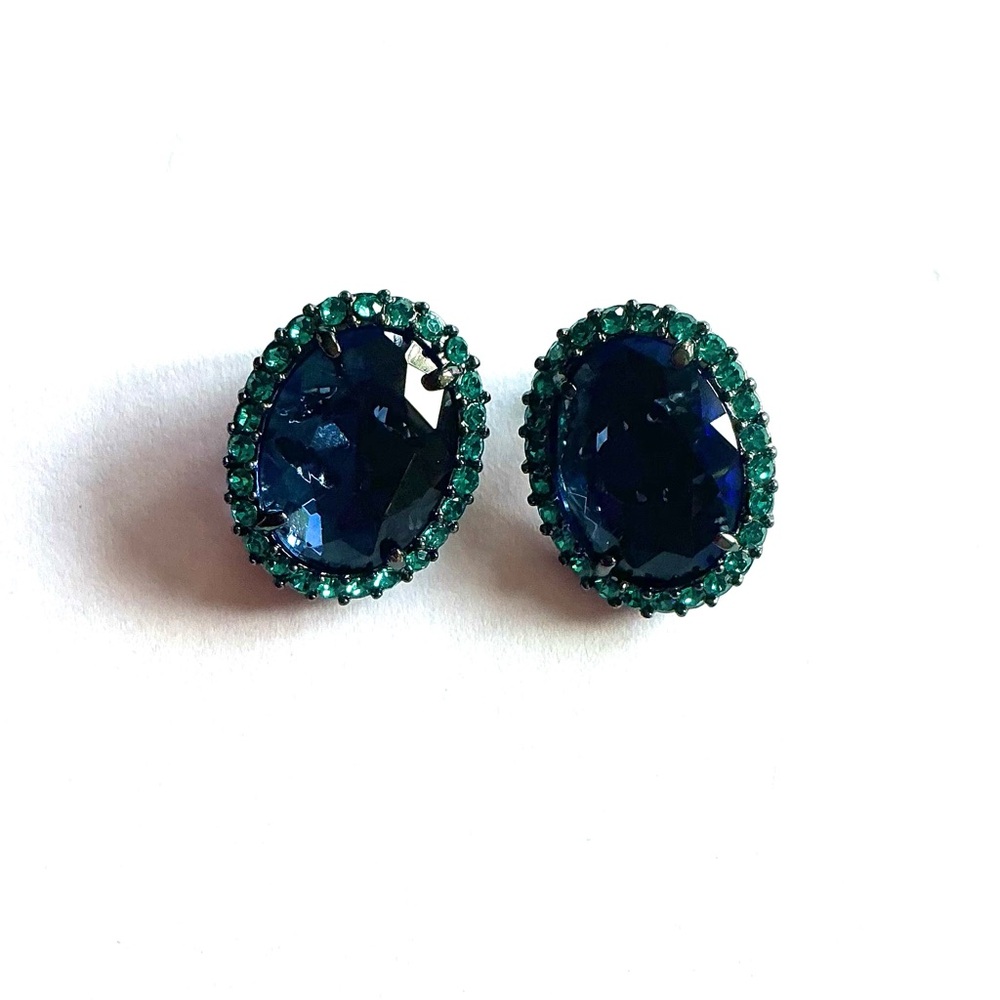 Vintage Carol Lee Elegant Blue and Green Rhinestone clip Earrings